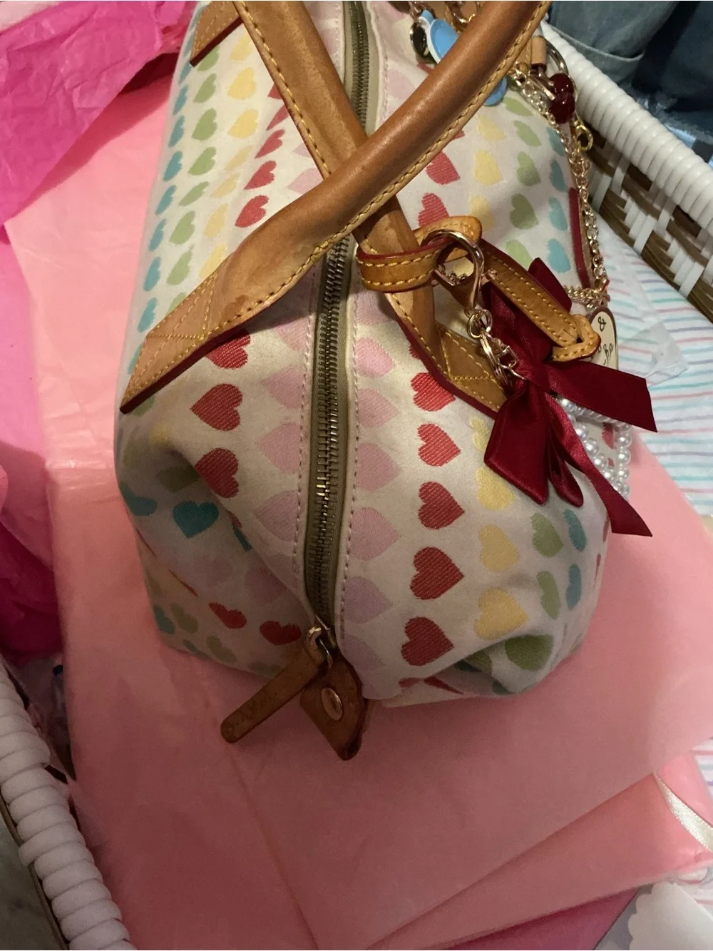 Dooney & Bourke Multicolor Heart Print Satchel - hand baCream with Rainbow Heart
